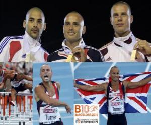 puzzel Andy Turner 110m horden kampioen, Garfield Darien en Daniel Kiss (2e en 3e) van het Europees Kampioenschap Atletiek 2010 in Barcelona