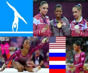 puzzel Artistieke gymnastiek vrouwen individuele individuele meerkamp podium, Gabrielle Douglas (Verenigde Staten), Viktoria Komova en Aliya Mustafina (Rusland) - Londen 2012-