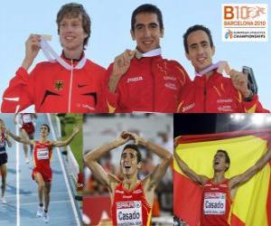 puzzel Arturo Casado kampioen 1500 m, en Carsten Schlangen Manuel Olmedo (2e en 3e) van het Europees Kampioenschap Atletiek 2010 in Barcelona