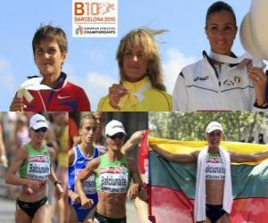 puzzel Balciunaite zivile Marathon kampioen, Nailia Yulamanova en Anna Incerti (2e en 3e) van het Europees Kampioenschap Atletiek 2010 in Barcelona