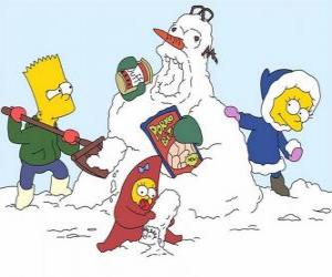 puzzel Bart, Lisa en Maggie maken een sneeuwpop