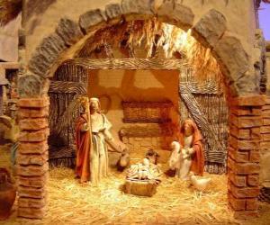 puzzel Belangrijkste Kerststal met de Heilige Familie in een schuur