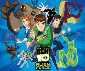 puzzel Ben, Gwen en Kevin, menselijke protagonisten van Ben 10 en zijn 10 originele vreemdeling persoonlijkheden