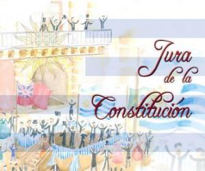 puzzel Beëdiging van de Grondwet van Uruguay. Elk jaar in juli 18 wordt gevierd de eed van de eerste nationale grondwet van 1830