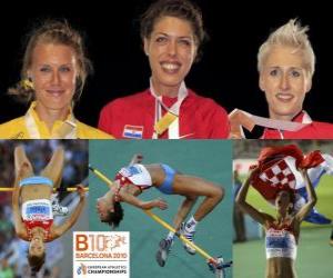 puzzel Blanka Vlasic kampioen hoogspringen, Emma Green en Ariane Friedrich (2e en 3e) van het Europees Kampioenschap Atletiek 2010 in Barcelona