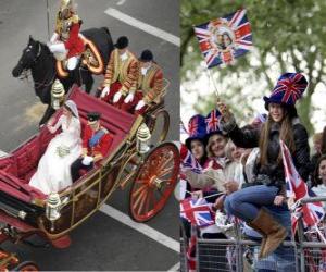 puzzel Britse Royal Wedding tussen prins William en Kate Middleton, wandelen in het vervoer door de burgers acalamados