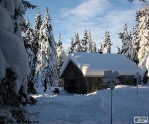 puzzel Cabine van hout een zware sneeuwval