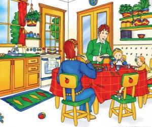 puzzel Caillou en zijn familie te eten in de keuken