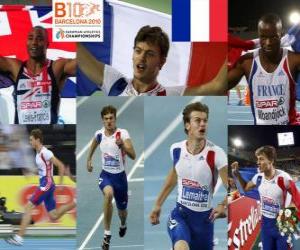 puzzel Christophe Lemaitre 100m kampioen Mark Lewis-Francis en Martial Mbandjock (2e en 3e) van het Europees Kampioenschap Atletiek 2010 in Barcelona