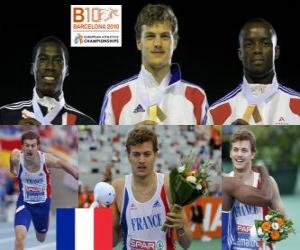 puzzel Christophe Lemaitre van 200 m kampioen, Christian Malcolm en Martial Mbandjock (2e en 3e) van het Europees Kampioenschap Atletiek 2010 in Barcelona