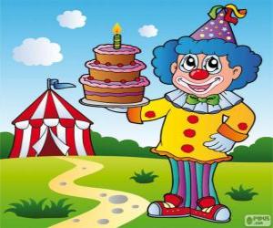 puzzel Clown met een verjaardag cake