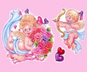 puzzel Cupido met pijl en boog met een andere engel met een boeket bloemen tussen harten