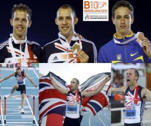 puzzel David Greene kampioen 400 m horden, Rhys Williams en Stanislav Melnykov (2e en 3e) van het Europees Kampioenschap Atletiek 2010 in Barcelona