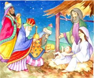 puzzel De Drie Koningen het leveren van hun gaven, goud, wierook en mirre, om het kindje Jezus