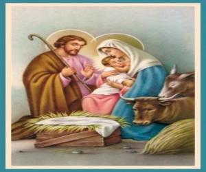 puzzel De Heilige Familie - Jozef, Maria en kindje Jezus in de kribbe met de os en de ezel