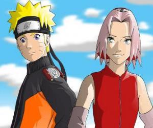 puzzel De hoofdpersonen Naruto Uzumaki en Sakura Haruno glimlachen