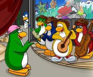 puzzel De Penguin Band, Billy G op drums en fluit, Petey K op piano en accordeon, Bob op bas en gitaar Franky.