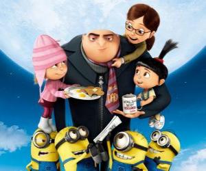 puzzel De protagonisten van de film Verschrikkelijke ikke en de rest kan stikke. De superschurk Gru en de minions en Margo, Edith en Agnes, drie weesmeisjes