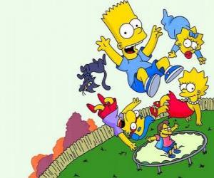 puzzel De Simpson broers met vrienden Milhouse en Nelson springen op een trampoline