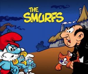 puzzel De Smurfen versus kwaad tovenaar Gargamel en zijn kat Azrael