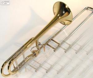 puzzel De trombone is een muziekinstrument dat van messing hoorn