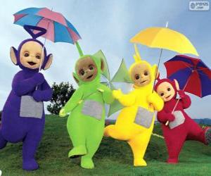 puzzel De vier Teletubbies met hun open paraplu's