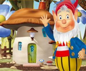 puzzel De wijze Big-Ears, een bebaarde gnome die woont in een paddestoel huis