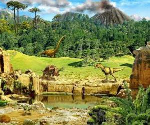 puzzel Diverse dinosaurussen met een uitbarstende vulkaan op de achtergrond
