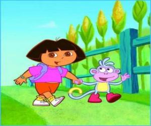 puzzel Dora, de ontdekkingsreiziger meisje, naast het aapje Boots verkennen