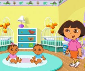 puzzel Dora de zorg voor twee baby&#39;s