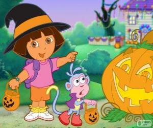 puzzel Dora en boots de aap vieren Halloween