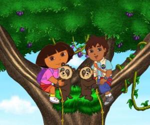 puzzel Dora en Diego neef in een boom twee kleine beren helpen