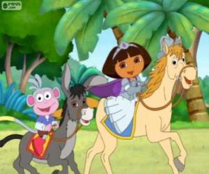 puzzel Dora en haar aap laarzen Paardrijden