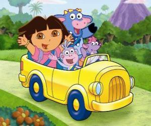 puzzel Dora en haar vrienden in een kleine auto