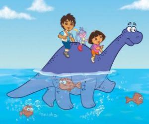 puzzel Dora, haar neef Diego, Boots de aap het oversteken van een meer op de top van een dinosaurus