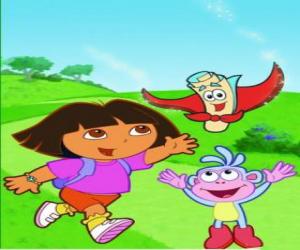puzzel Dora Marquez de ciekawy, met haar beste vrienden: de aap Boots, Rugzak en Kaart