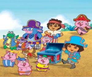 puzzel Dora met haar vrienden speelt dat piraten