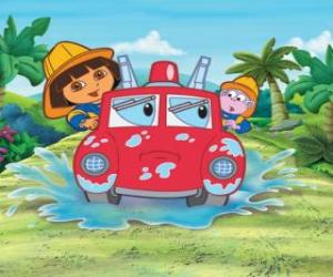 puzzel Dora the explorer meisje naast de aap Boots, met een brandweerwagen