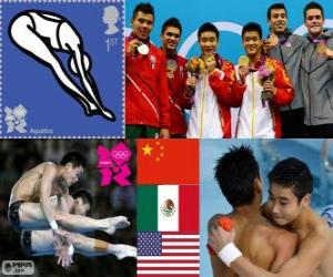 puzzel Duiken mannen, synchroon 10 meter platform podium, Cao Yuan, Zhang Yanquan (China), Ivan García, Germán Sánchez (Mexico), David Boudia, Nicholas McCrory (Verenigde Staten) - Londen 2012-