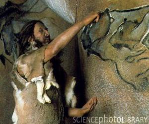 puzzel Een prehistorische grot kunstenaar het realiseren van een schilderij dat een buffel in de wand van een grot, terwijl wordt waargenomen door een dinosaurus van buiten