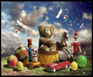 puzzel Een teddybeer zittend op een trommel, ballen en andere kostbare geschenken van Kerstmis