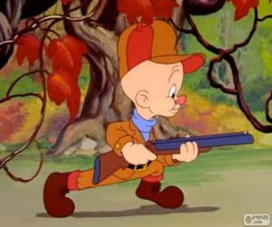 puzzel Elmer Fudd, de jager die probeert om te jagen op Bugs Bunny