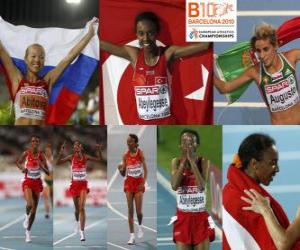 puzzel Elvan Abeylegesse in de kampioen 10000 m, Inga Abitova en Jessica Augusto (2e en 3e) van het Europees Kampioenschap Atletiek 2010 in Barcelona