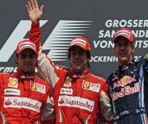 puzzel Fernando Alonso, Felipe Massa, Sebastian Vettel, Hockenheim, de Duitse Grand Prix (2010) (1e, 2e en 3e Classified)