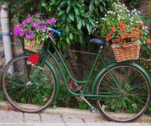 puzzel Fiets met manden vol met bloemen