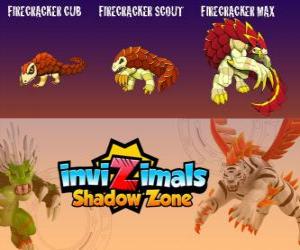 puzzel Firecracker Cub, Firecracker Scout,Firecracker Max. Invizimals Shadow Zone. Creatures van vuur en as die leven op de bodem van de vulkanen