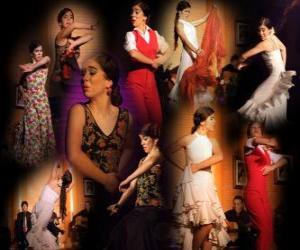 puzzel Flamencodanseres. Flamenco heeft zijn oorsprong in de folklore van de zigeuners en de populaire cultuur van Andalusië, Spanje