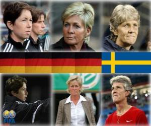 puzzel Genomineerd voor FIFA World Coach van het Jaar voor het voetbal vrouwen 2010 (Maren Meinert, Silvia Neid, Pia Sundhage)