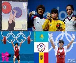 puzzel Gewichtheffen 53 kg vrouwen podium, Zoelfia Chinshanlo (Kazachstan), Hsu Shu-Ching (Chinees Taipei) en Cristina Iovu en Cristina Iovu (Moldavië) - Londen 2012-