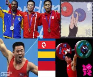 puzzel Gewichtheffen-Mannen 62 kg podium, VN-Guk Kim (Noord-Korea), Oscar Figueroa (Colombia) en Eko Yuli Irawan (Indonesië) - Londen 2012-